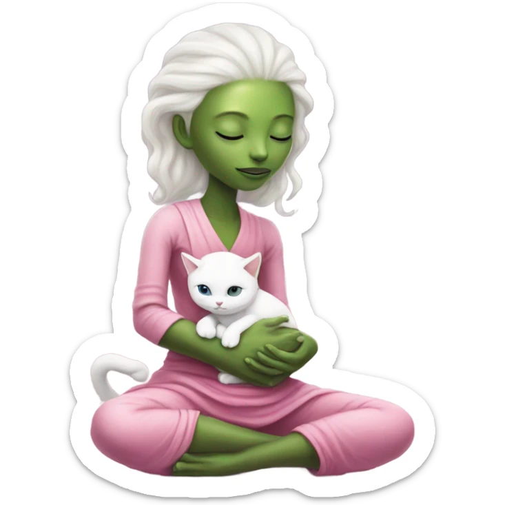 Reptilian alien woman, in meditation pink dress hugs a white cat sticker