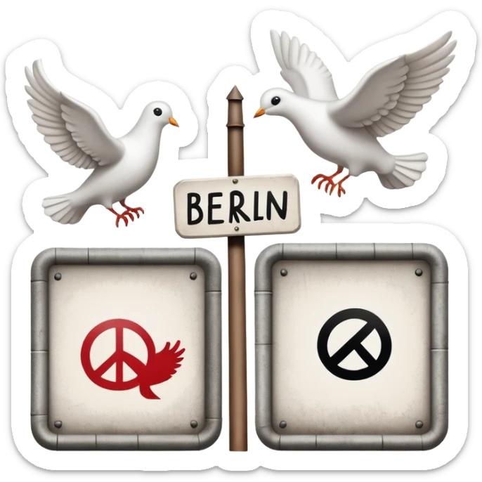 close-up of protest signs with peace dove and Berlin Wall, 1950s and 60s sticker