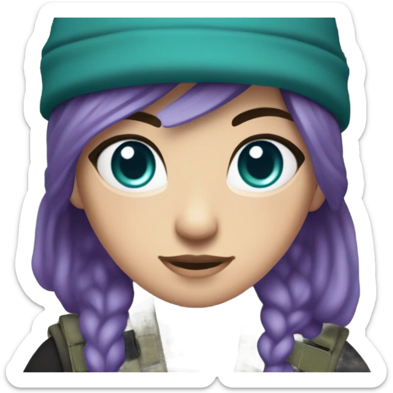 White Girl, tactical vest, dark pants, long teal and purple hair, blue eyes, purple beanie hat, knife, black combat boots sticker
