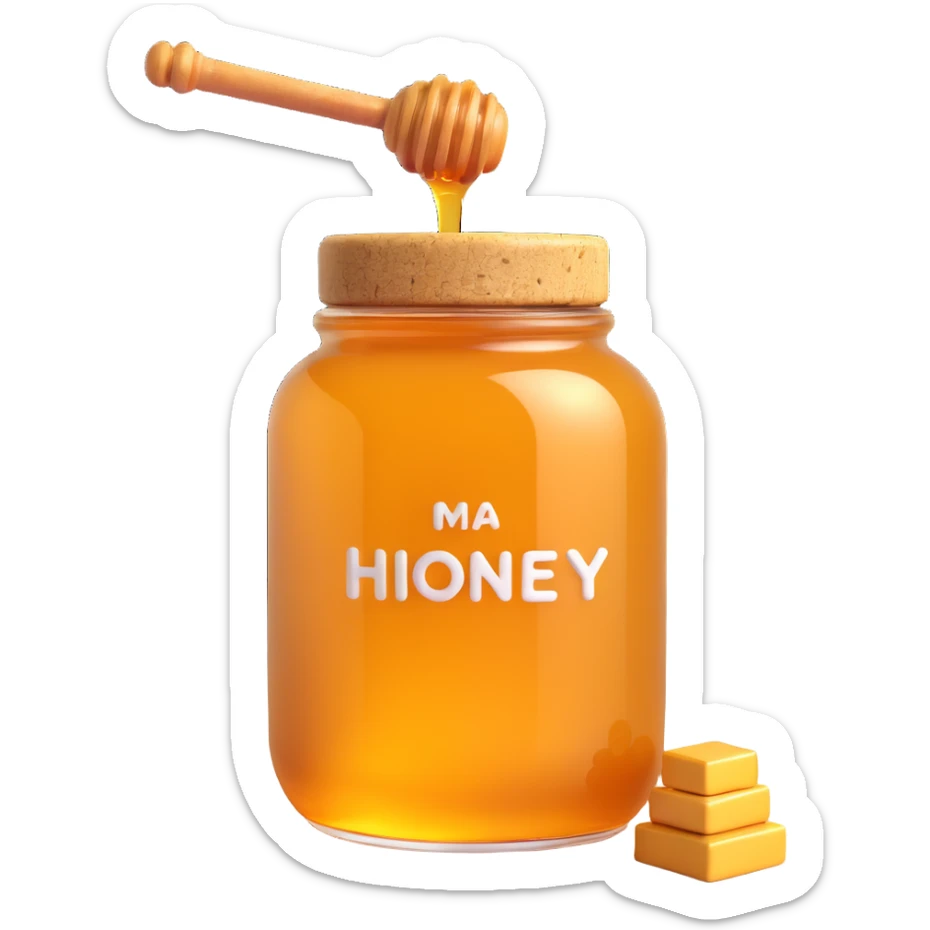 3D emoji style honey jar, with a cork lid, golden honey, simple and expressive sticker