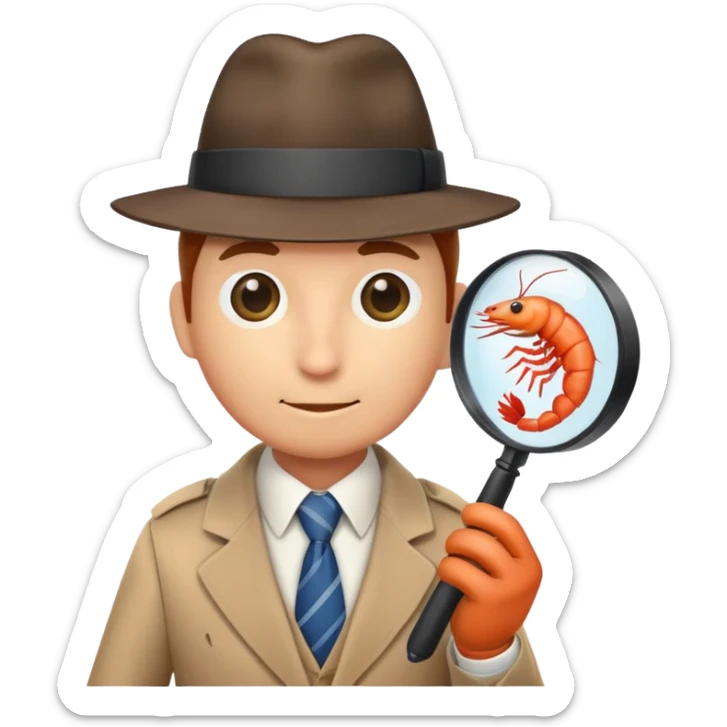 Classic iOS shrimp in the form of a detective in a tie and a hat with a magnifying glass sticker