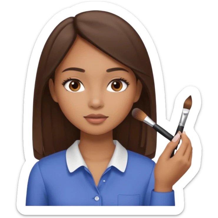 Draw a mixed-race girl applying makeup, wearing a clean girl blouse and with straight brown hair far away  sticker