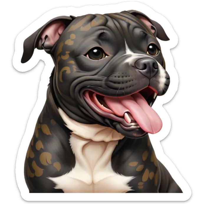 Cinematic Cute Yawning Black/Brindle Staffordshire Bull Terrier Portrait Emoji, Head tilted slightly with a dramatic, wide-open yawn, showcasing a smooth Fur with a striking black and brindle pattern, floppy ears slightly drooping, round dark eyes barely open in drowsy contentment, Simplified yet irresistibly adorable features, highly detailed, glowing with a soft, cozy glow, high shine, relaxed yet expressive, stylized with a touch of whimsy, bright and endearing, soft glowing outline, capturing the essence of a sleepy yet affectionate guardian, so drowsy it feels like it could stretch right out of the screen and curl up for a nap! sticker