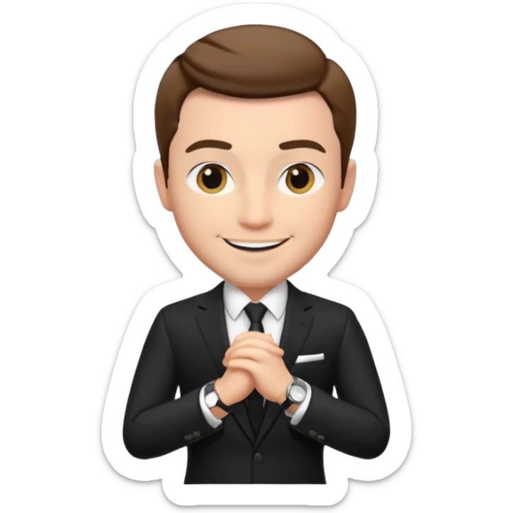 handsome male memoji, wearing a tailored black suit, luxury watch, confident smile, charismatic businessman vibe sticker