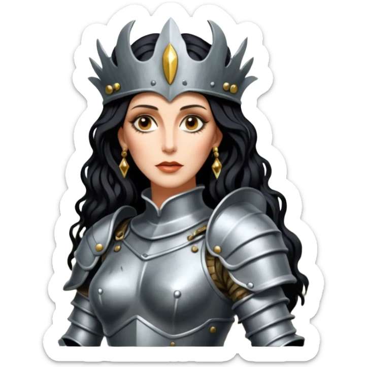realistic cinematic actress Cher in baroque styling like Joan of Arc dirty damaged armor in a forest sticker