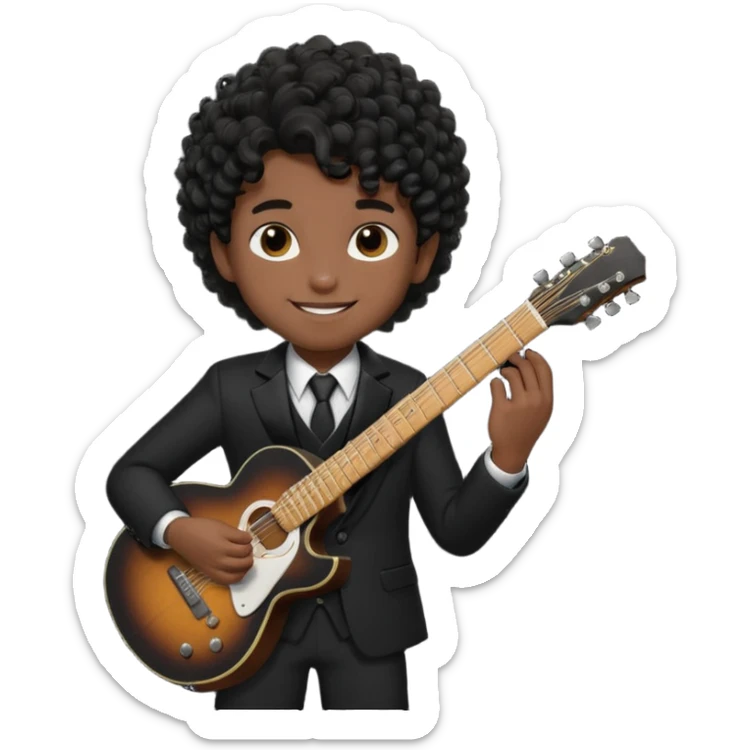 A boy with black fade curly hair Smiling and holdijg a guitar in a black suit  sticker