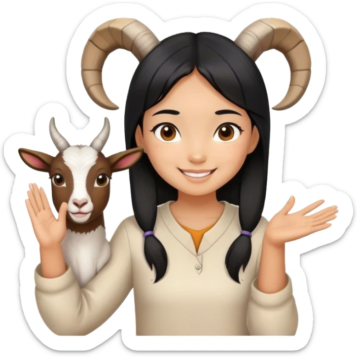 Asian girl with black hair and tanned skin, brown eyes smiling and holding hands with goat gesture sticker