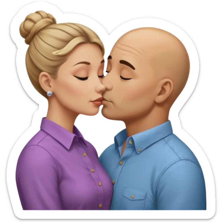 Mid aged Hispanic bald man kissing mid aged dark blonde white woman. She’s wearing a bun. He’s wearing a button down shirt. sticker