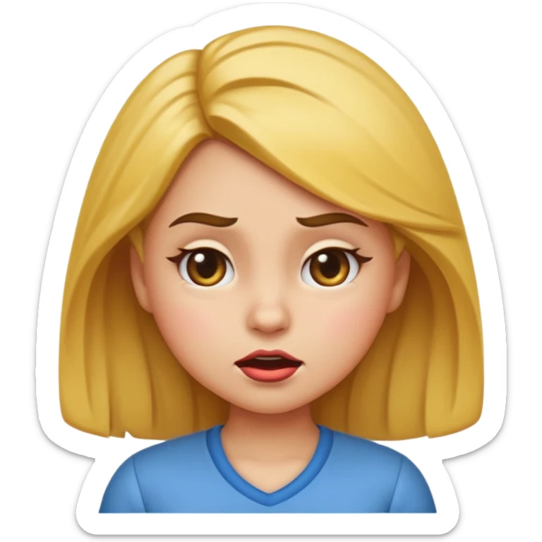 cute cartoon-style sassy elementary school girl emoji with dramatic petty look, squinting eyes, smug sarcastic expression, head tilted, lips pursed in playful smirk, one eyebrow raised, hand on hip, flipping hair, big expressive eyes, iOS emoji style sticker