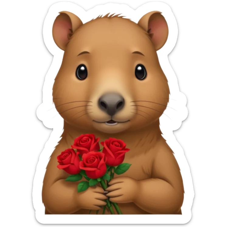 Cute baby capypara with sad puppy dog eyes holding roses  sticker