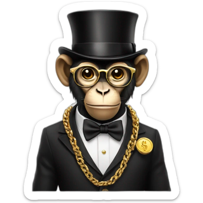 a rich monkey wearing a siut and top hat with dollar sign glasses and a gold chain sticker