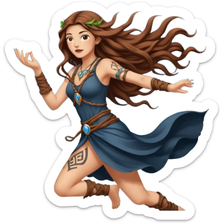 moon druid woman long wavy brown hair tattoos pulling rune card from air sticker