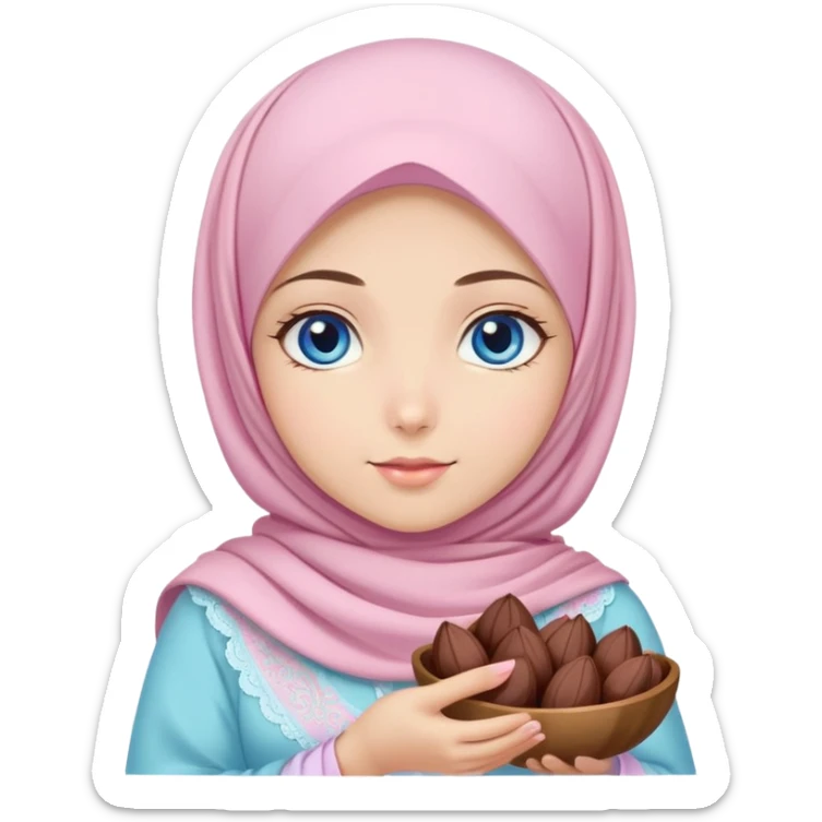 Turkish beautiful finish Konya girl blue eyes with pastel sakura hijab islamic dress and had on her hand dates sticker
