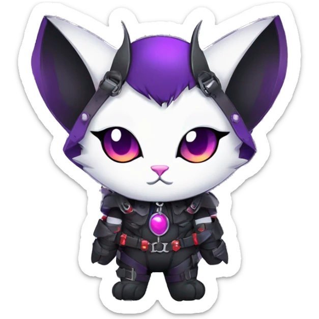 cool kawaii edgy evil techwear black purple red ethereal fantasy beautiful elegant bat-cat-Fakemon wearing legs spats a collar harness with jewelries full body sticker