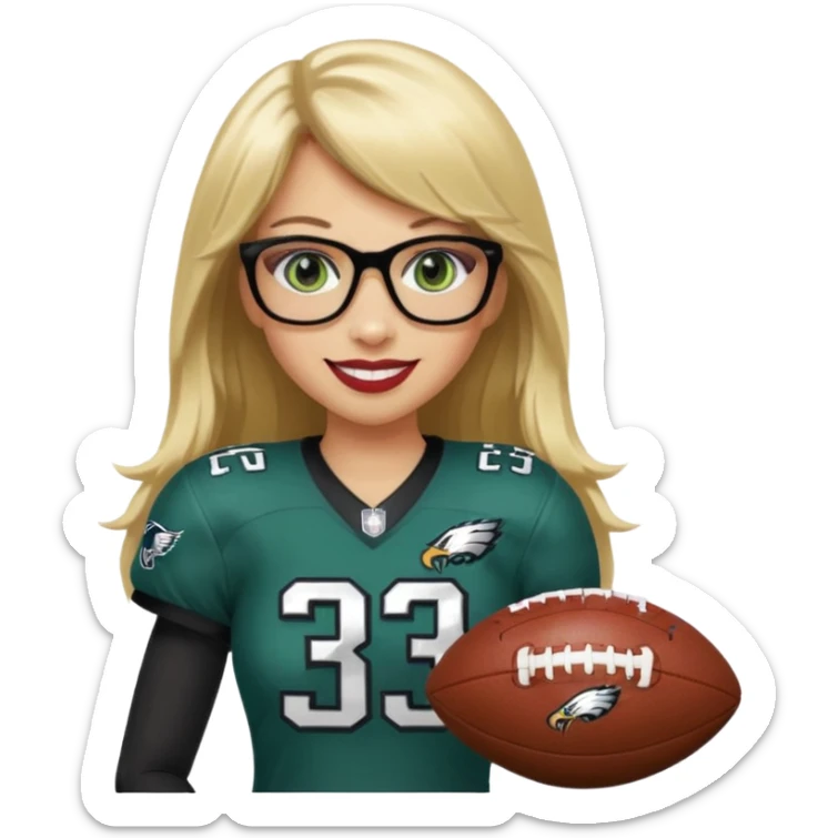 full length women wearing eagles uniform, long blonde hair, bangs, green eyes, black glasses, holding football, number 33, smiling, lipstick sticker
