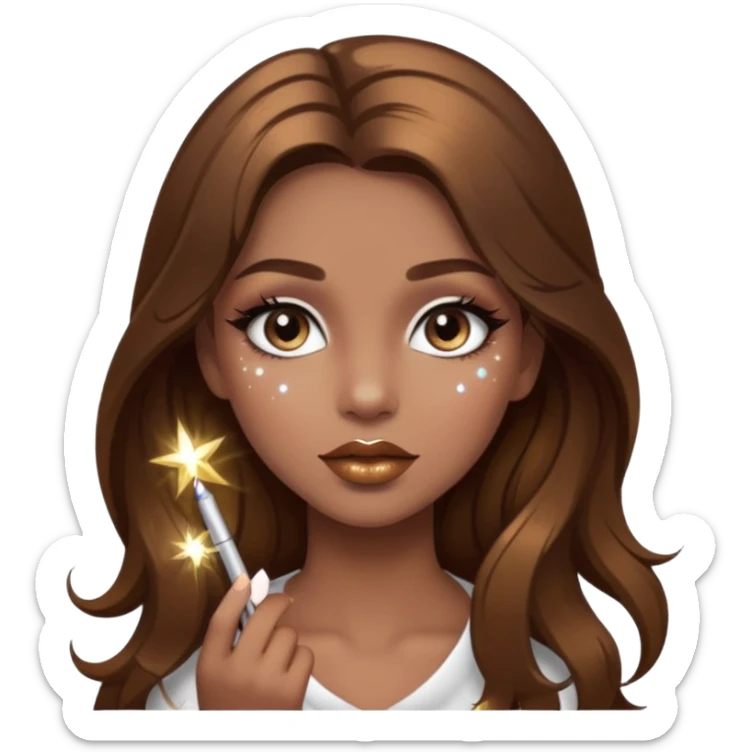 Girl with long brown hair with sparkly white eyeshadow and sparkles on face and bronze lipstick  sticker