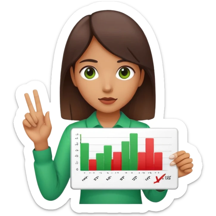 Girl holding chart with rising green graph line in right hand and holding another chart with falling red graph line in left hand sticker