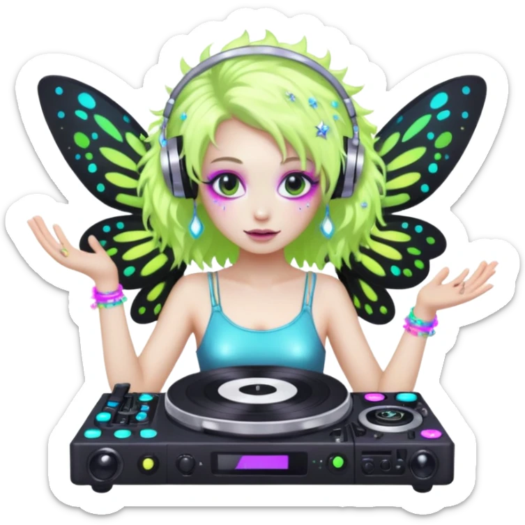  hard-techno-rave-fairy,-holding-a-dj-turntable,-wild-hair,-neon-sparkles,-minimal-background sticker