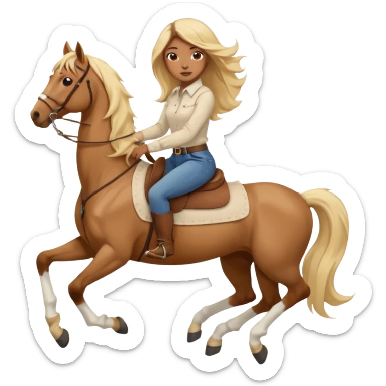 Brown girl with very long blonde/gold hair that’s blowing in the wind wearing a cream colored collared long sleeve shirt and jeans with brown boots on top of a brown horse with 4 legs sticker