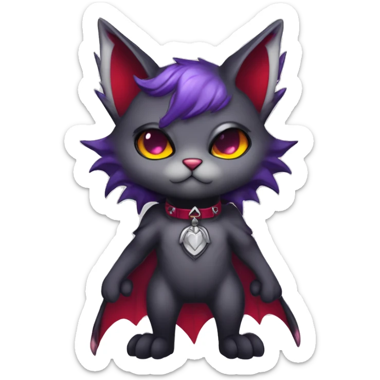 Anthro-Cute-Edgy-Cool-Vampiric-Batty-Cat-Black-Purple-Red-Grey-White-Yellow-Contrast-Colors-Fantasy-Fur-Sona-Chibi-Shiny-Fakémon-Hybrid with horns and fangs and collar full body sticker