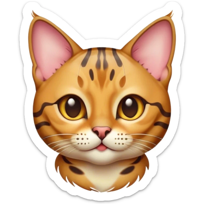 Cinematic Cute Bengal Cat Portrait Emoji, Playful and charming, sleek spotted brown and gold tones, Simplified yet adorable features, highly detailed, glowing with a warm, friendly glow, high shine, curious and affectionate, stylized with a touch of whimsy, bright and alert, soft glowing outline, capturing the essence of a mischievous yet loving kitten, so endearing it feels like it could pounce out of the screen and play! sticker