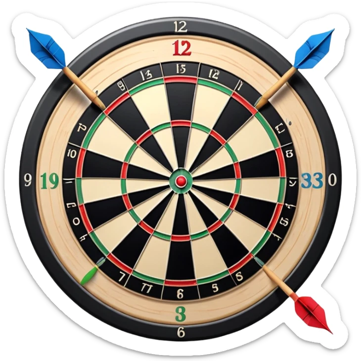 A dartboard with darts firmly stuck in the bullseye, surrounded by the colorful sections of the target. The background conveys a competitive atmosphere, with a subtle focus on precision and skill in the game of darts. sticker