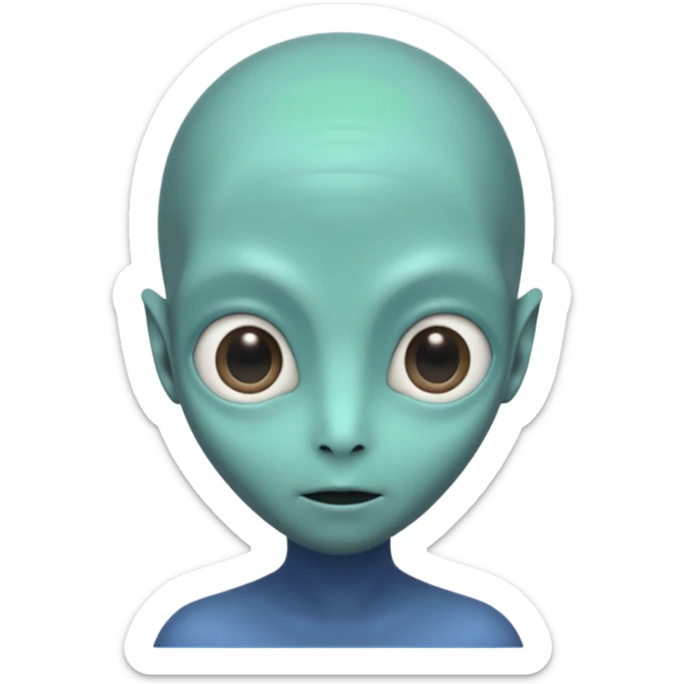 Portrait of an alien with smooth greenish-blue skin, large black oval eyes, small nose, and no visible ears, elongated head, front-facing, wearing brown t-shirt, soft glow, simple futuristic design sticker