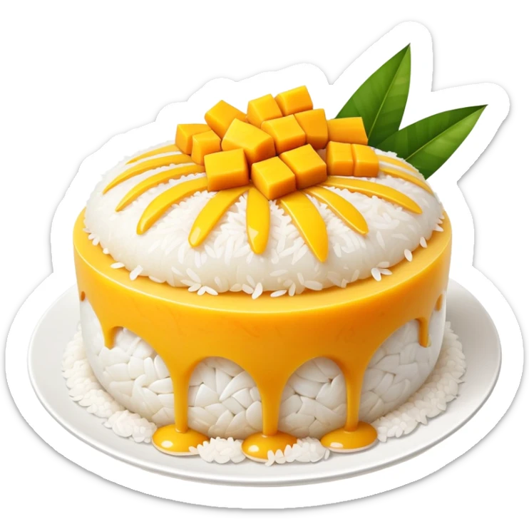 cinematic-realistic-mango-sticky-rice-dessert-emoji,-showcasing-sweet-sticky-rice out of a mould-paired-with-ripe-mango-slices-and-coconut-milk-rendered-with-lifelike-detail-and-warm,-inviting-lighting with the coconut  milk over the rice sticker