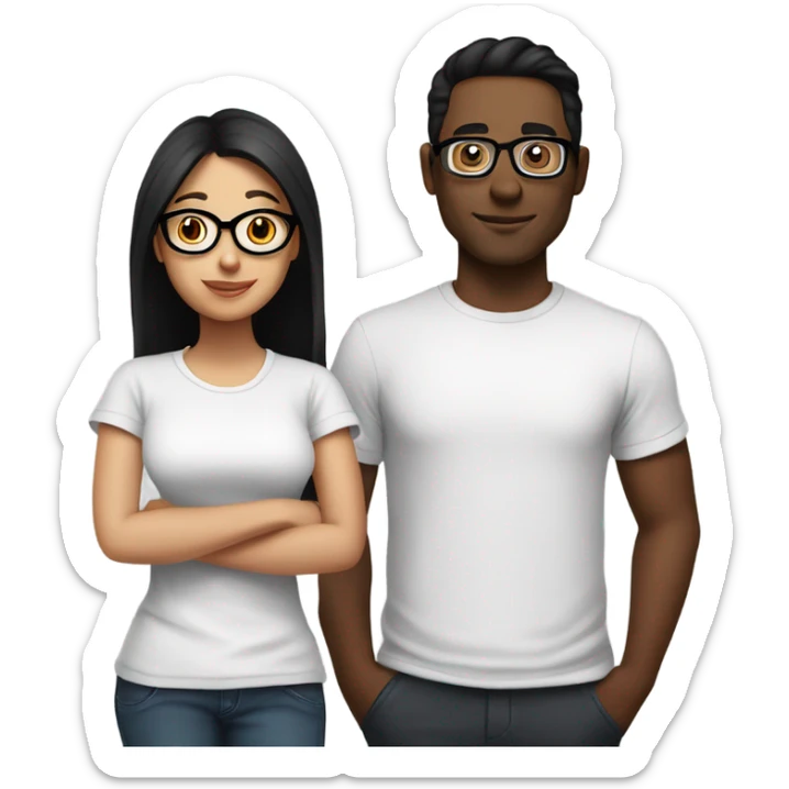 a couple. Man with side part black hair, wear a black T shirt. Girl with long brown hair,wear a white T-shirt, have a round glasses sticker
