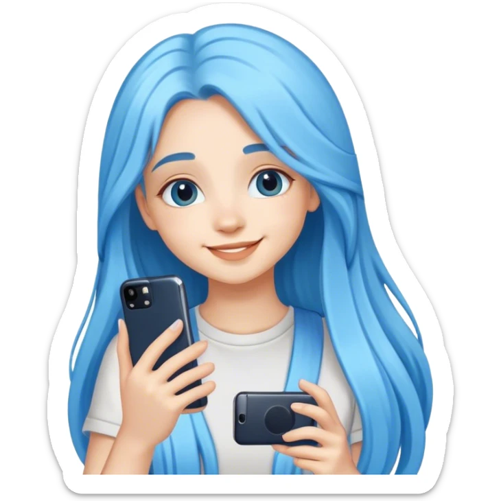 happy cute girl with long blue hair take a photo with her phone sticker