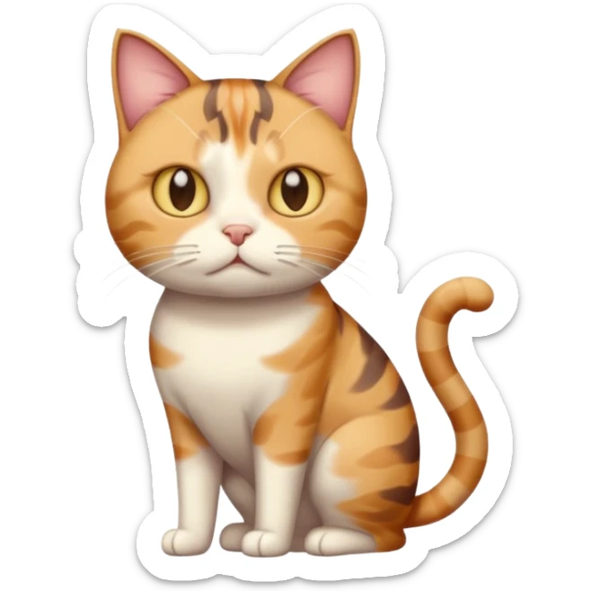 full body calico tabby cat with skinny head and fat body with an anxious face sticker