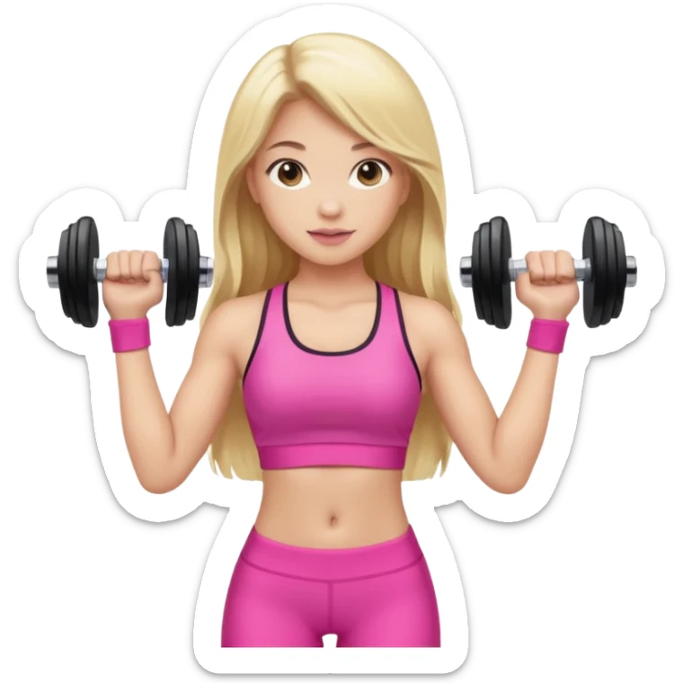 beautiful girl with brown hairs in sport wear in her hands is dumbbells her skin was light and hairs too and her sport wear was pink  her hair was long and blonde  sticker