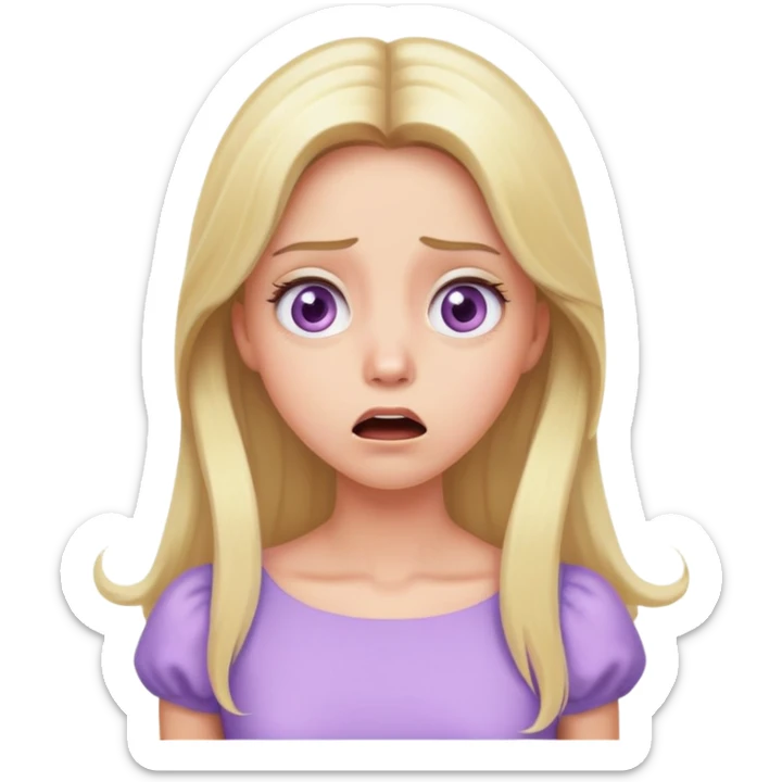 shocked face blonde model, hazel eyes, sleek long hair, pastel purple dress sticker
