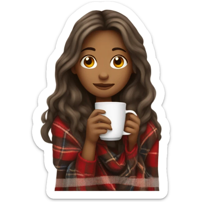 Beautiful girl with long hair wrapped in cozy plaid blanket drinking coffee sticker