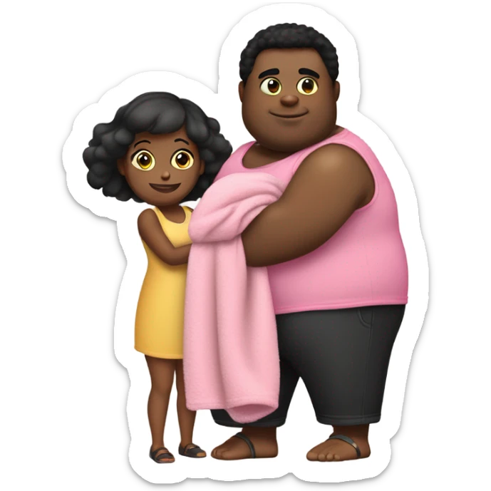Fat short black kid wearing black shorts, a wife beater carrying a pink blanket over his shoulder saying I love you emma sticker