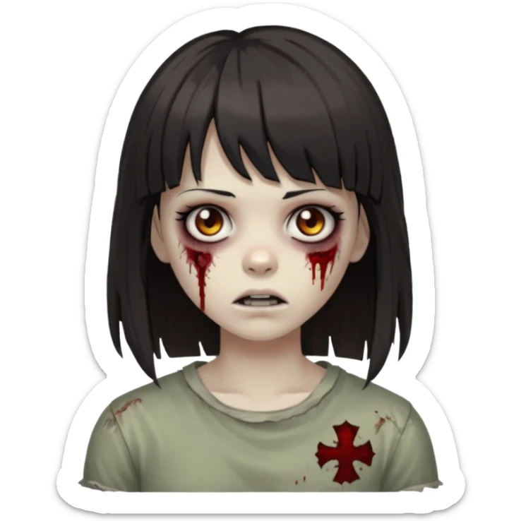  iPhone emoji is a zombie girl with dark hair long below her shoulders bangs and a ragged haircut gray eyes sticker
