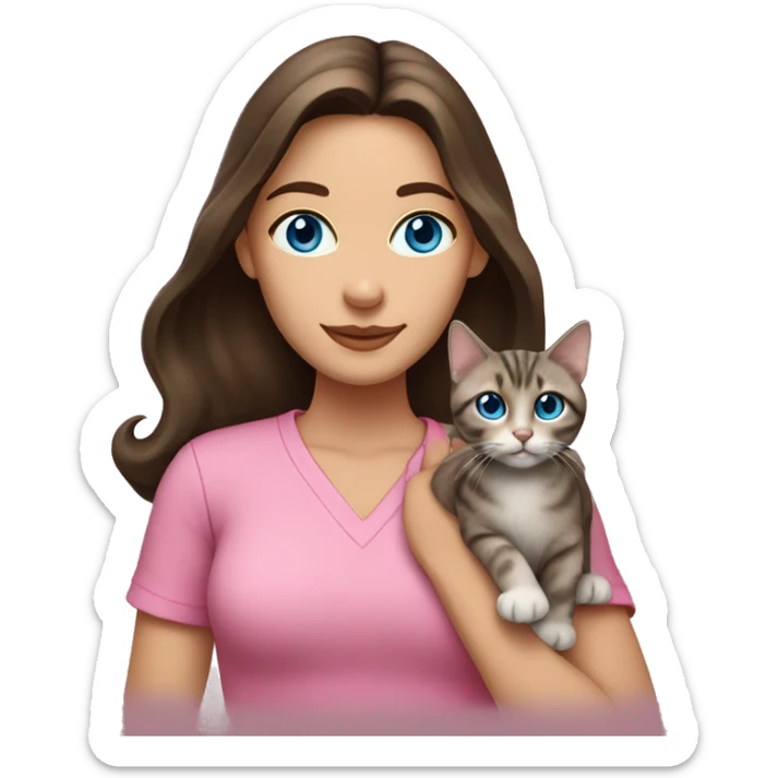 White woman with blue eyes and long dark hair wearing a pink shirt and holding a tabby cat sticker