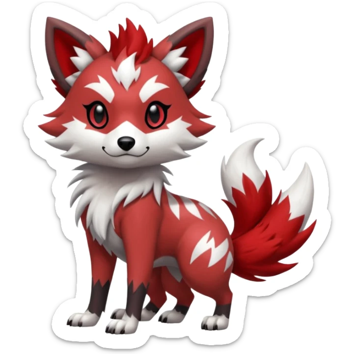 Red Lycanroc-Furret-Zorua-Poochyena-fusion, full body, with black and white edgy markings patterns sticker