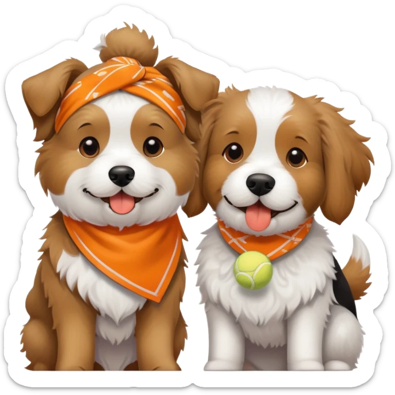 Two playful doodle-like dogs, one light brown with a tennis ball in its mouth, the other black and white with an orange bandana sticker