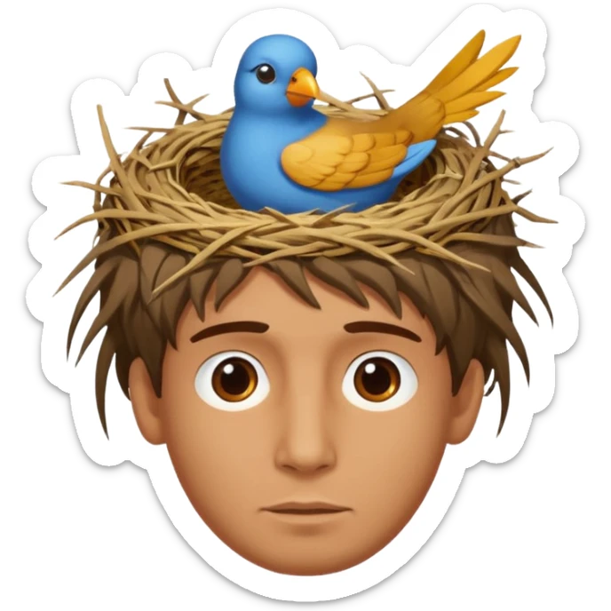 Man who has a birds nest on top of his head for hair sticker