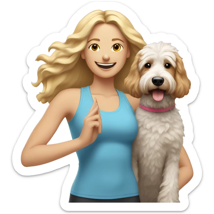 woman with long blonde hair expressing joy dressed in a yoga outfit alongside a tri-colored bernadoodle dog sticker
