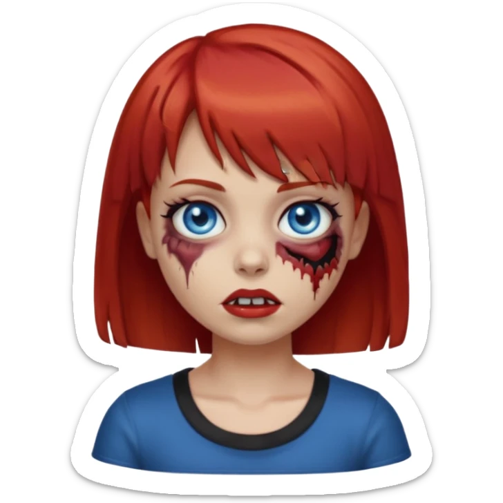 Zombie girl emoji with short red hair and bangs. Blue eyes, fair skin, and a black top. sticker