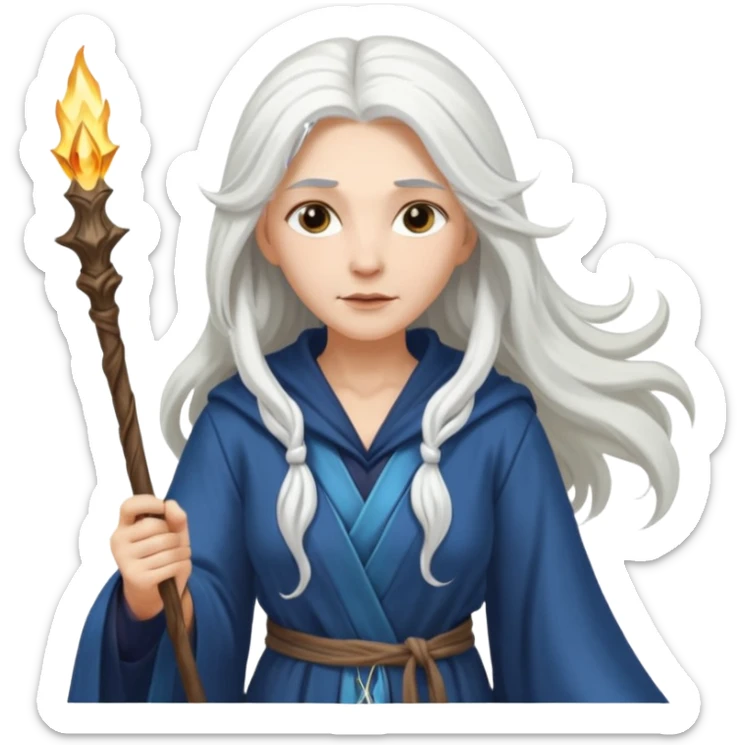 White Long Haired Women, Sorceress with staff — flowing white hair, calm face. sticker