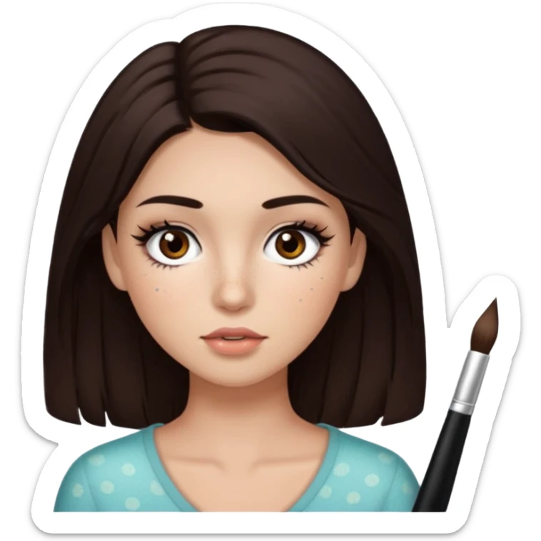 too dark brown 3c hair with dark brown eyes and too long lashes and some make up with freckle and light brown skin sticker