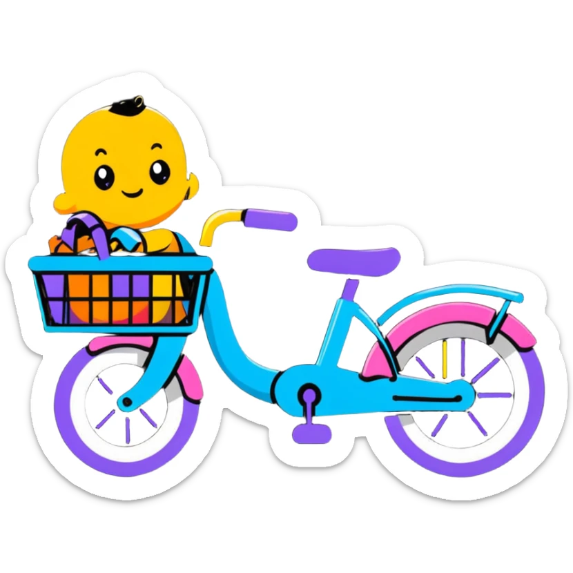 small kids bike in soft pastel pink with a basket and streamers sticker