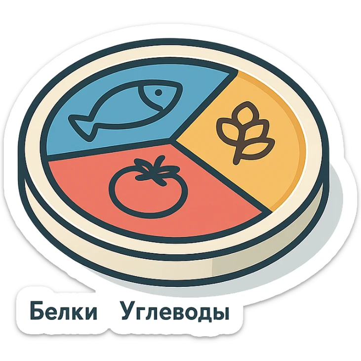 Гарвардская тарелка с тремя секциями, 2d-isometric стиль, с тенями и бликами, без руки, чистый фон. В секции белки — контурная рыба, в секции углеводы — контурная гречка, в секции клетчатка — контурный помидор. Подписи по-русски: белки, углеводы, клетчатка. sticker