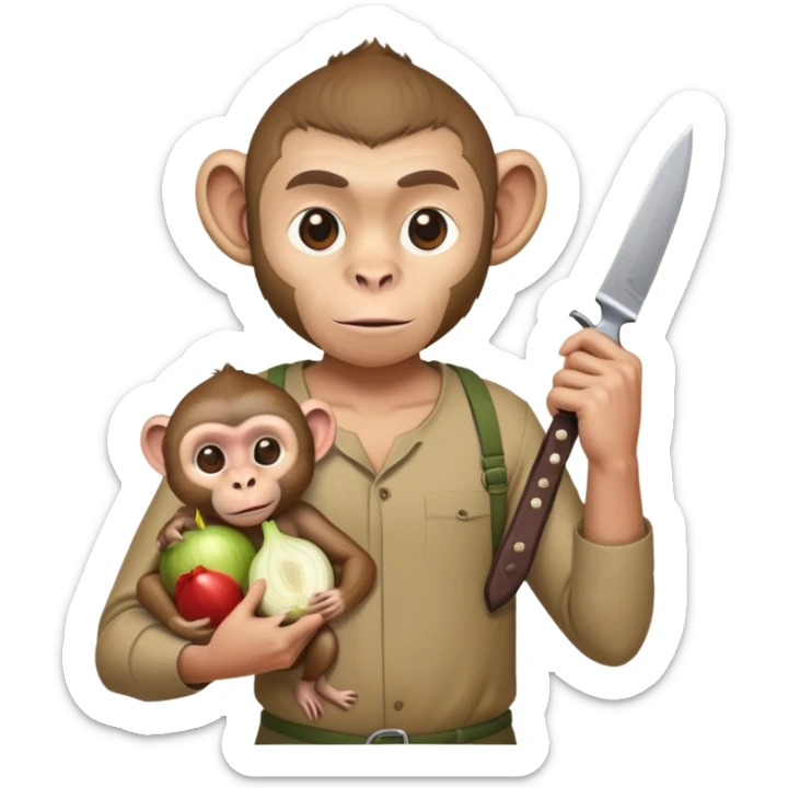 macaco com um um homem nas costas e com uma faca na mão querendo corta a cebol sticker
