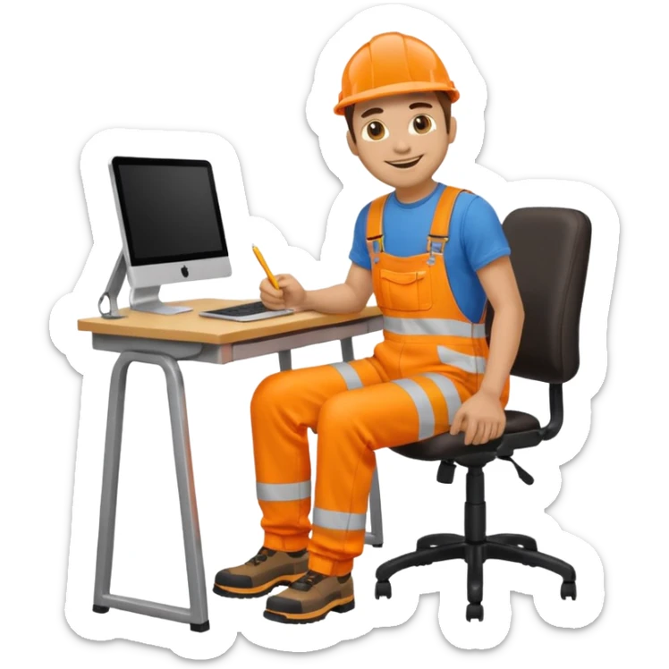 full body view of a man sitting at a desk wearing orange hi visibility overalls, emoji style sticker