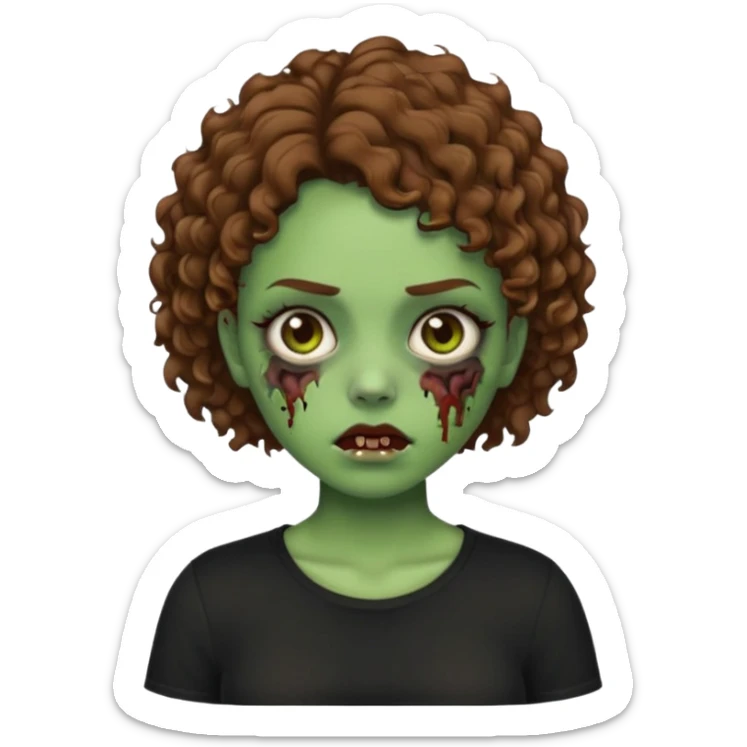 Zombie girl emoji com cabelo curto cacheado castanho com uma blusa preta sticker