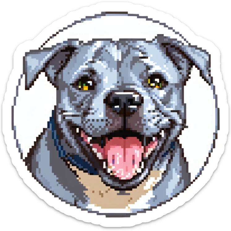 round circle puppy head only, full grey bleu staffy, big open mouth, big tongue out, stupid expression sticker